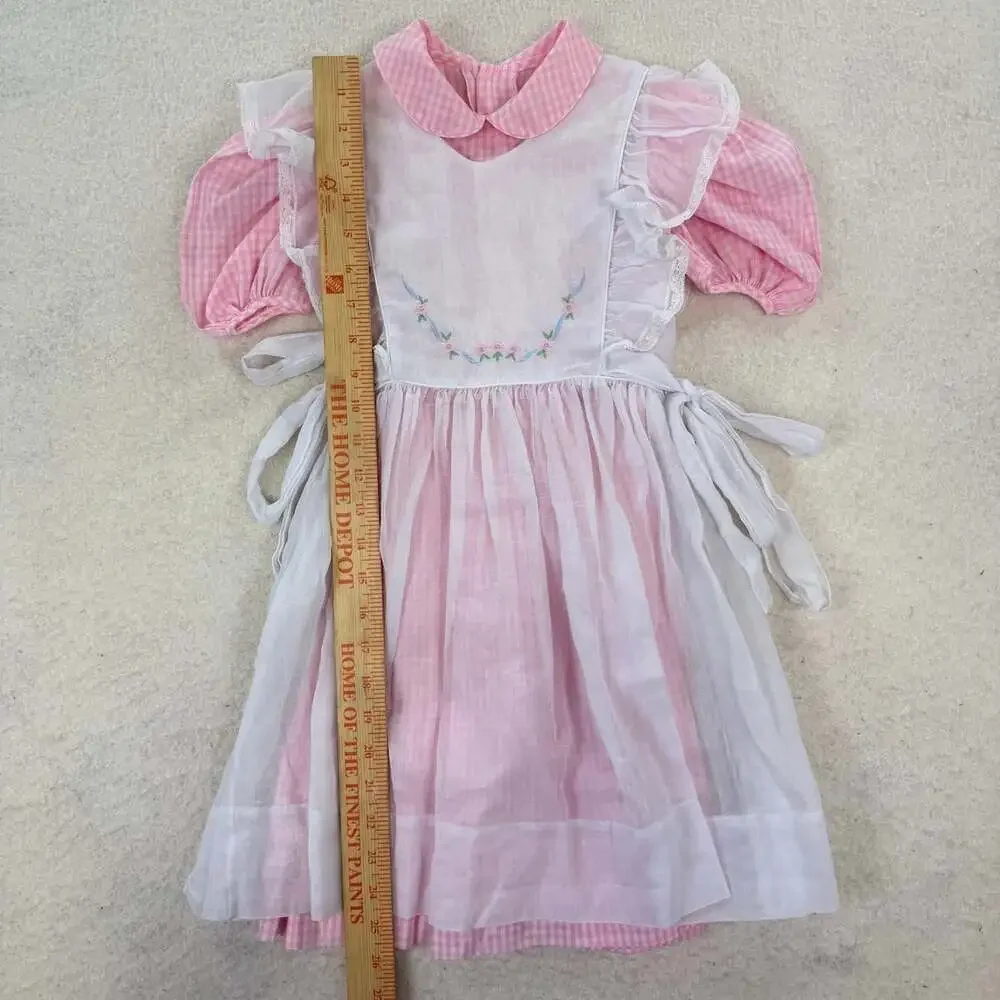 Vintage 1970's Pink Gingham Pinafore Apron Peter Pan Collar Prairie Dress 5T